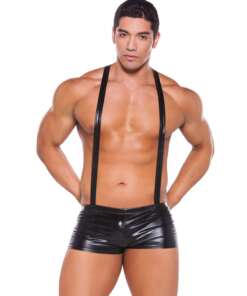 Zeus Wet Look Suspender Shorts Black O/S
