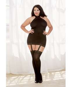 Sheer Dress w/Lace Trim, Attached Garters & Thigh High Stockings (Thong Not Included) Black QN