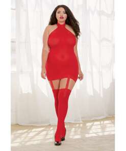 Sheer Dress w/Lace Trim, Attached Garters & Thigh High Stockings (Thong Not Included) Red QN