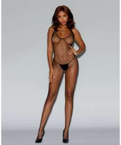 Diamond Net Halter Open Crotch Bodystocking (Thong Not Included) Black  O/S