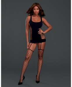 Opaque Fence Net Garter Dress w/Attached Thigh High Stockings Black O/S
