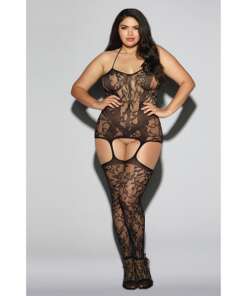 Lace Fishnet Halter Garter Dress w/Opaque Bodice Lines, Adj Halter Ties & Attched Stockings Blk QN