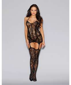 Lace Fishnet Halter Garter Dress w/Opaque Bodice Lines, Halter Ties & Attchd Stkngs Blk O/S