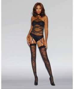 Sheer Halter Teddy Bodystocking w/Opaque Bar & Panty & Attached Garters Black O/S