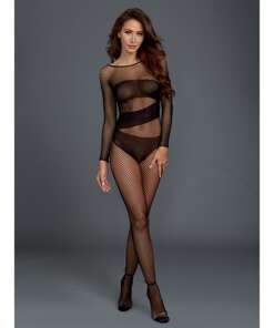 Stretch Fishnet Long Sleeved Bodystocking, Worn On or Off the Shoulder Black O/S