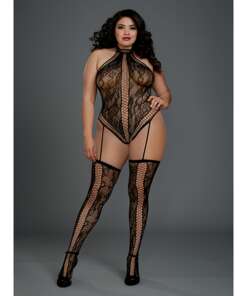 Lace Halter Neckline Teddy Bodystocking w/Attached Garters & Thigh Highs Black QN