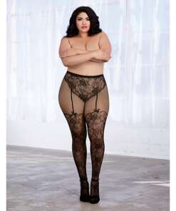 Lace & Fishnet Pantyhose w/Knitted High Waist Lace Panty & Thigh High Design Black QN