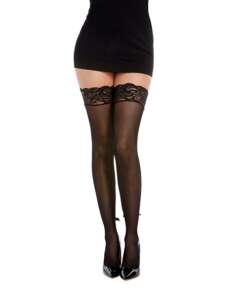 Fishnet Thigh Highs w/Stay Up Silicon Lace Top, Back Seam & Ankle Bow Black O/S