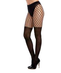 Pantyhose w/Solid Knitted Panty & Thigh High Look Black O/S