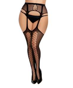 Fishnet Suspender Garter Pantyhose w/Criss Cross Detail Black QN