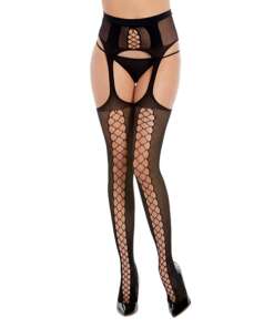 Fishnet Suspender Garter Pantyhose w/Criss Cross Detail Black O/S