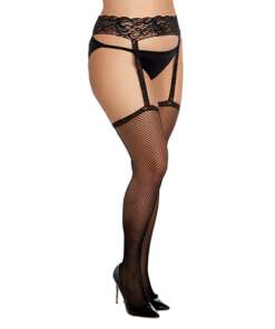 Fishnet Suspender Garter Pantyhose w/Back Seam & Bow Accent Black QN