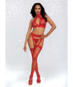 Holiday/Valentines Bodystocking Halter Bralette, Garter Pantyhose & G-String Rouge O/S