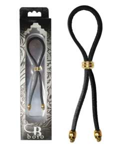 Bolo Cock Ring Leather Lasso Bead Slider w/Skull Tips - Black/Gold