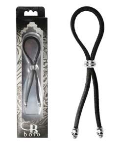 Bolo Cock Ring Leather Lasso Bead Slider w/Skull Tips - Black/Silver