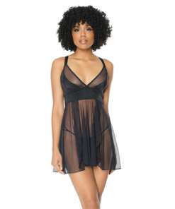 Double Slit Sheer Babydoll w/Cage Detail Back & G-String Black O/S