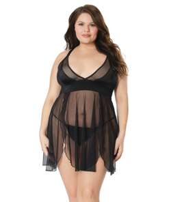 Double Slit Sheer Babydoll w/Cage Detail Back & G-String Black OS/XL