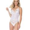Stretch & Scallop Lace Crotchless Teddy White O/S
