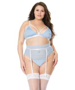 Scallop Stretch Lace Bra, Garter Belt & G-String Light Blue/White 2X