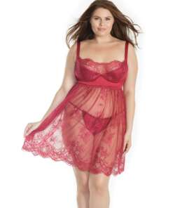 Lightly Padded Demi Cup & Fine Lace Skirt Babydoll & Adjustable Crotchless Panty Merlot 3X/4X
