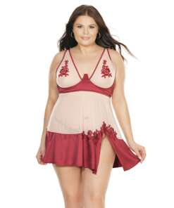 Sheer Nylon & Stretch Satin Babydoll w/Underwire Cups & G-String Merlot/Nude 1X/2X