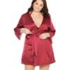 Stretch Satin Robe w/Eyelash Lace Sleeve Merlot OS/XL