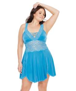 Scallop Stretch Lace & Microfiber Soft Cup Design Babydoll & Thong Blue OS/XL