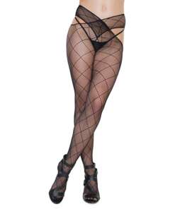Diamond Fishnet Waist Criss Cross Design Stockings Black O/S