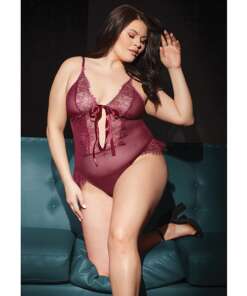 Bold Mesh & Fine Lace Crotchless Teddy Merlot OS/XL