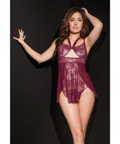 Bold Stretch Lace & Mesh Babydoll & G-String Merlot O/S