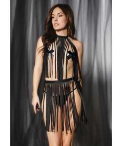 Play Darque Fringe Harness Top & Skirt Black O/S