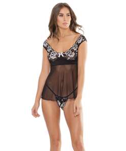 Classic Scallop Stretch Lace & Mesh Babydoll & G-String Black/White MD