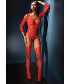 Sleek Seamless Stretch Net Long Sleeve Teddy w/Attch. Stockings Red O/S