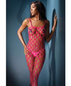 Sleek Seamless Stretch Open Net Bodystocking Neon Pink O/S