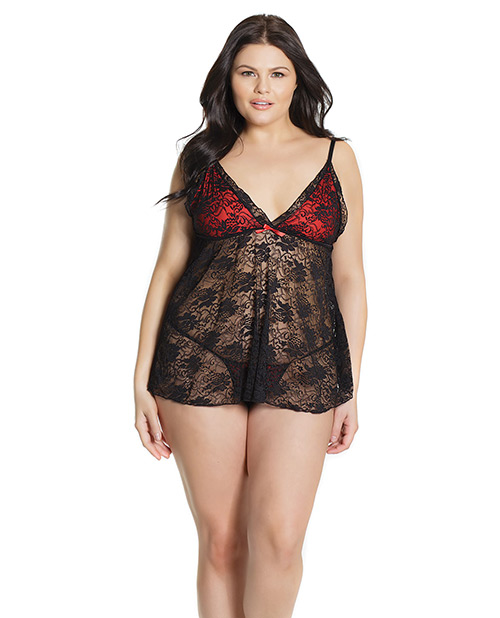 Bold Stretch Lace Babydoll & G-String Black/Red QN