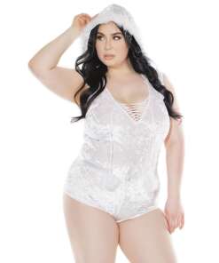 Stretch Crushed Velvet w/Faux Fur Hooded Teddy White/Silver XL