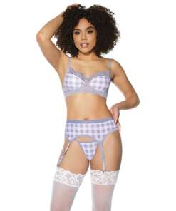 Crystal Pink Buffalo Check Print, Bra, Garter Belt & String Grey/Pink MD