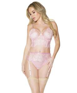 Crystal Pink Longline Bra, Garter Belt & Panty Pink SM