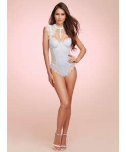 Stretch Satin Teddy w/Underwire Cups & Lace Overlay, Tie Back Collar & Snap Crotch Wht/Pwd Blu SM