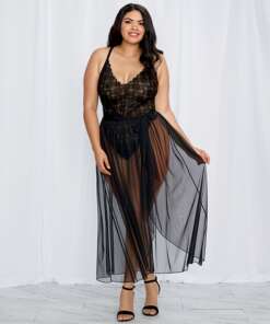 Stretch Lace Teddy (Modified Back) & Sheer Mesh Maxi Skirt w/Adjustable Straps & G-String Black 1X