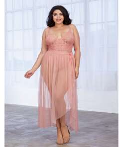 Stretch Lace Teddy (Modified Bck) & Sheer Maxi Skrt w/Adjstable Strps & G-Strng Vntage Rose 3X