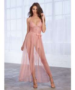 Stretch Lace Teddy & Sheer Maxi Skirt w/Adjustable Straps & G-String Vintage Rose SM