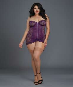 Stretch Lace Garter Slip w/Removable Straps & Attached Side Garters & G-String  Plum 2X