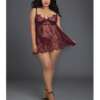 Eyelash Lace Babydoll w/Underwire Cups & Lace Thong Mulberry 3X