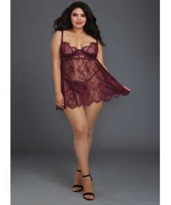 Eyelash Lace Babydoll w/Underwire Cups & Lace Thong Mulberry 3X