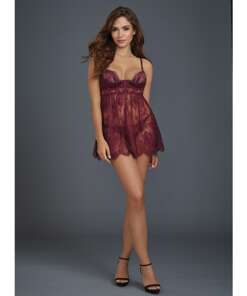 Eyelash Lace Babydoll w/Underwire Cups & Lace Thong Mulberry SM