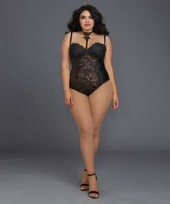 Venice Lace & Stretch Faux Leather Teddy w/Snap Crotch Black 3X