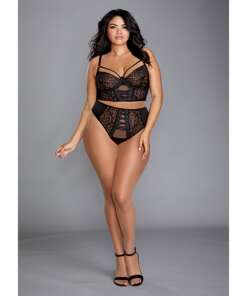 Stretch Mesh & Galloon Lace Bustier w/Matching Lace Up Thong Black 3X