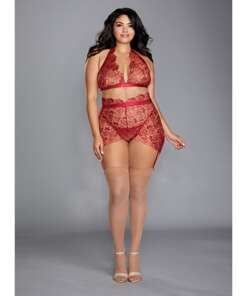Floral Embroidery Halter Bralette, High Waisted Garter Skirt & G-String Garnet 2X