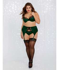Holiday Velvet Bra, High Waist Garter Belt& Panty Emerald/Black 2X